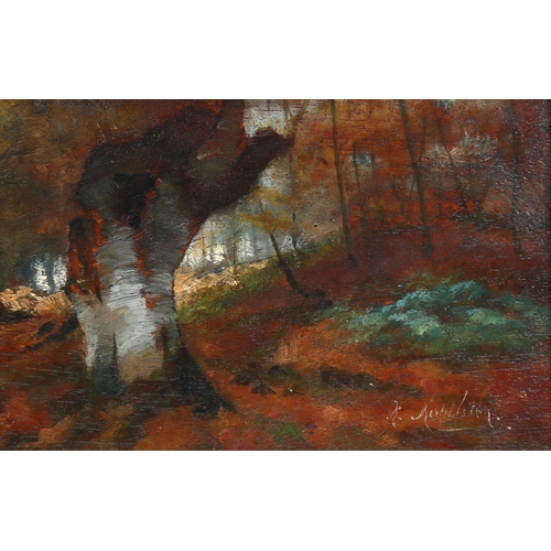 583 - 19th/20th century woodland scene, oil on wood panel, indistinctly signed, 10cm x 19cm, framed