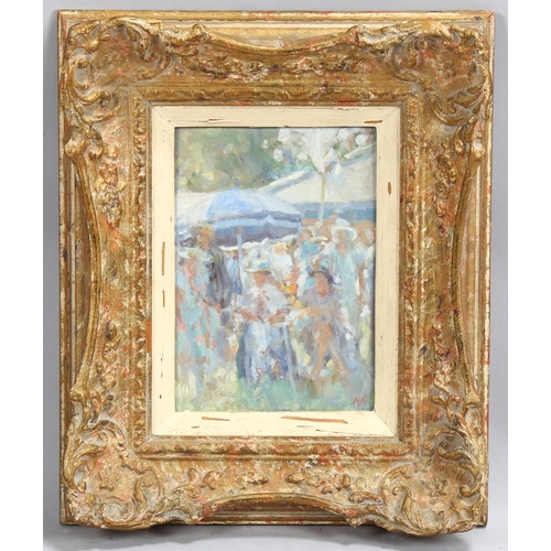 584 - Impressionist crowd in summertime, gouache on board, signed with monogram, 16cm x 12cm, framed