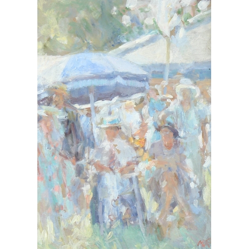 584 - Impressionist crowd in summertime, gouache on board, signed with monogram, 16cm x 12cm, framed