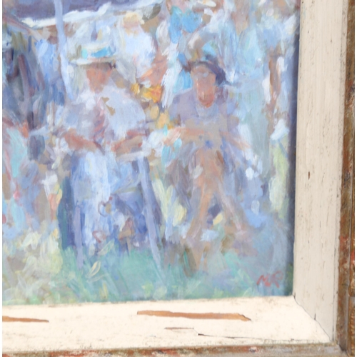 584 - Impressionist crowd in summertime, gouache on board, signed with monogram, 16cm x 12cm, framed