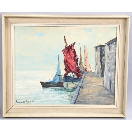 586 - Edward Maher RHA, moored boats, oil on board, signed, 34cm x 43cm, framed