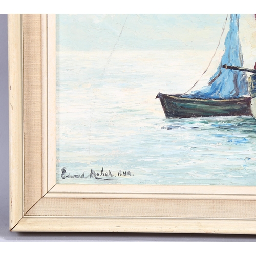 586 - Edward Maher RHA, moored boats, oil on board, signed, 34cm x 43cm, framed