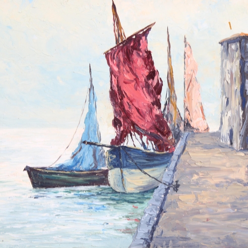 586 - Edward Maher RHA, moored boats, oil on board, signed, 34cm x 43cm, framed