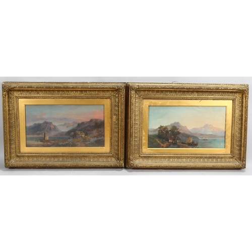 587 - A pair of 19th century mountain lake scenes, oils on canvas, unsigned, 26cm x 46cm, original frames ... 