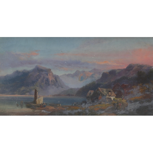 587 - A pair of 19th century mountain lake scenes, oils on canvas, unsigned, 26cm x 46cm, original frames ... 