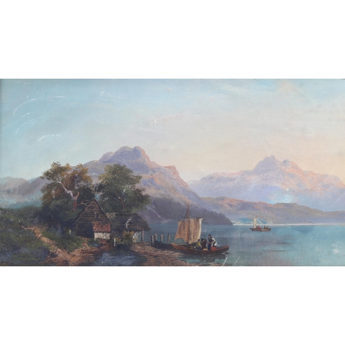 587 - A pair of 19th century mountain lake scenes, oils on canvas, unsigned, 26cm x 46cm, original frames ... 