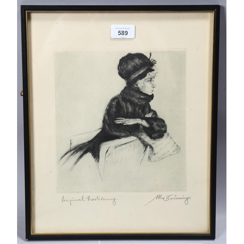 589 - Max Brunning, portrait of a woman, etching, signed in pencil, plate 24cm x 21cm, framed