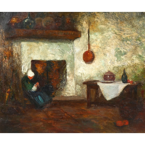 592 - Impasto Dutch cottage interior scene, oil on canvas, unsigned, 45cm x 53.5cm, framed