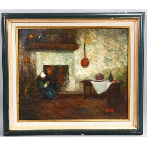 592 - Impasto Dutch cottage interior scene, oil on canvas, unsigned, 45cm x 53.5cm, framed