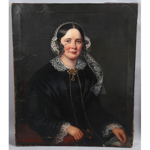 594 - Mrs Richard Hardey, portrait of a woman, oil on canvas, inscribed verso with date 1855, 92cm x 76cm,... 