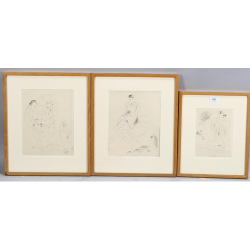 597 - Marcel Vertes (1895 - 1961), 3 x erotic etchings from the 1929 portfolio Cheri, largest image 25cm x... 