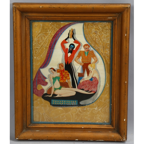 598 - George Kerley, Noises Off, mixed media on board, original label verso, 30cm x 22cm, framed