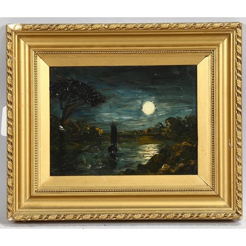 599 - George Price, moonlit river scene, oil on board, 14cm x 19cm, framed