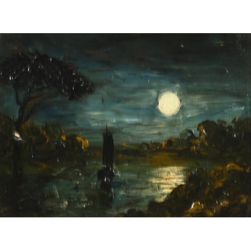 599 - George Price, moonlit river scene, oil on board, 14cm x 19cm, framed