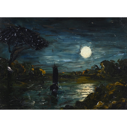 599 - George Price, moonlit river scene, oil on board, 14cm x 19cm, framed