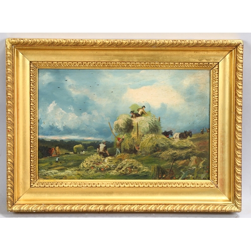 600 - 19th century harvest scene, oil on canvas, unsigned, 20cm x 30cm