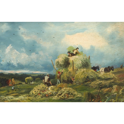 600 - 19th century harvest scene, oil on canvas, unsigned, 20cm x 30cm