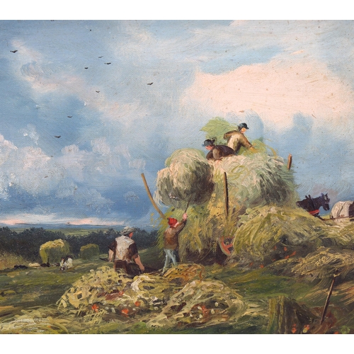 600 - 19th century harvest scene, oil on canvas, unsigned, 20cm x 30cm