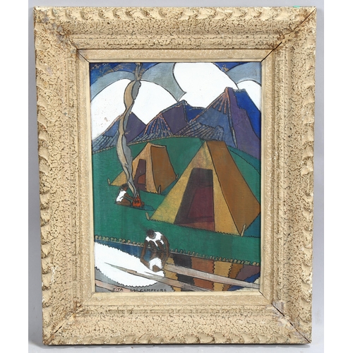 601 - Jita (20th century French), Les Campeurs, oil on board, signed, 31cm x 23cm, framed