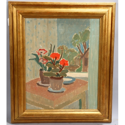 604 - Oil on canvas, modernist still life study of pot plants, unsigned, 51cm x 41cm, framed