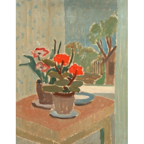 604 - Oil on canvas, modernist still life study of pot plants, unsigned, 51cm x 41cm, framed