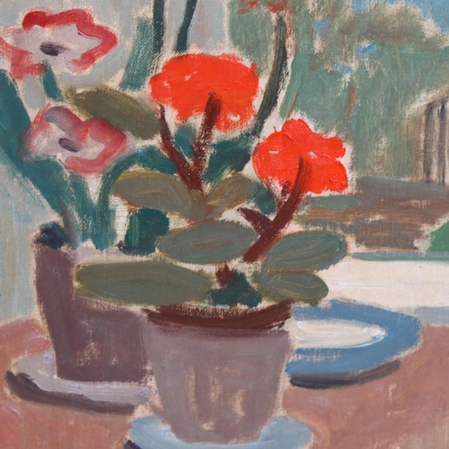 604 - Oil on canvas, modernist still life study of pot plants, unsigned, 51cm x 41cm, framed