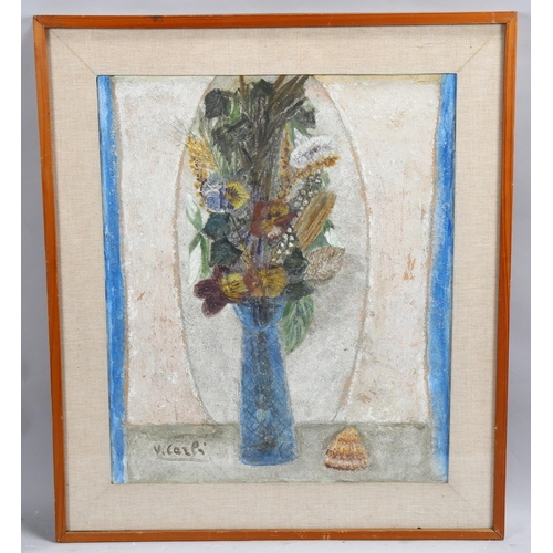 607 - Valeria Carli (born 1922), still life, mixed media on board, signed, 59cm x 49cm, framed