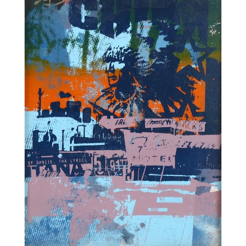 609 - James (Jim) Starr (born 1976), 2 screenprints on canvas, largest image 40cm x 30cm, framed (2)