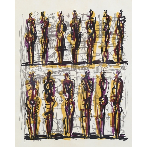 618 - Henry Moore, 13 standing figures, lithograph circa 1950s, watermark signature, 40cm x 30cm, framed