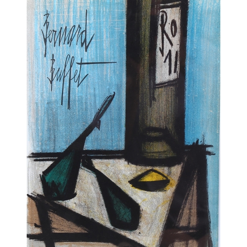 623 - Bernard Buffet, still life with bottle, lithograph 1967, Sorlier no. 105, 31cm x 24cm, framed