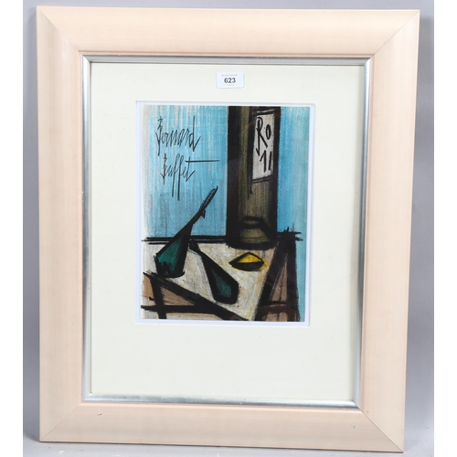 623 - Bernard Buffet, still life with bottle, lithograph 1967, Sorlier no. 105, 31cm x 24cm, framed