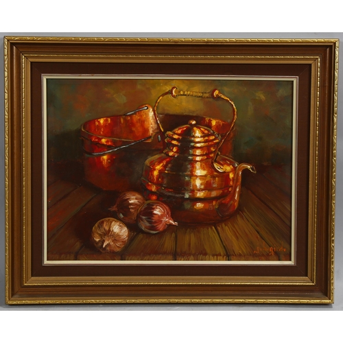 633 - J H Gird, still life, copper kettle, oil on board, signed, 30cm x 40cm, framed