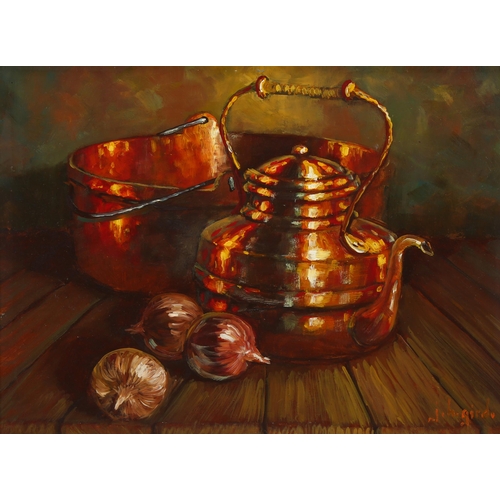 633 - J H Gird, still life, copper kettle, oil on board, signed, 30cm x 40cm, framed