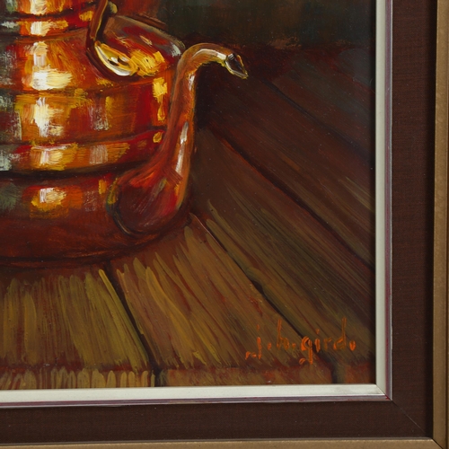 633 - J H Gird, still life, copper kettle, oil on board, signed, 30cm x 40cm, framed