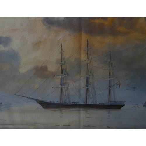 634 - Arthur Cooper, 3-masted clipper ship at sea, watercolour, signed, 35cm x 48cm, framed