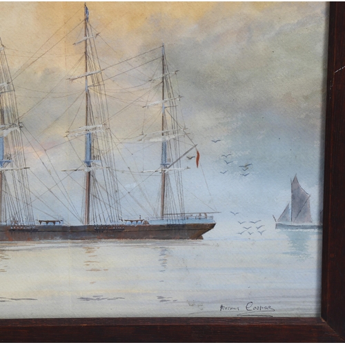 634 - Arthur Cooper, 3-masted clipper ship at sea, watercolour, signed, 35cm x 48cm, framed