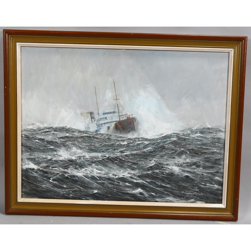 635 - James Kirby, cargo ship on rough seas, oil on canvas, signed, 45cm x 60cm, framed