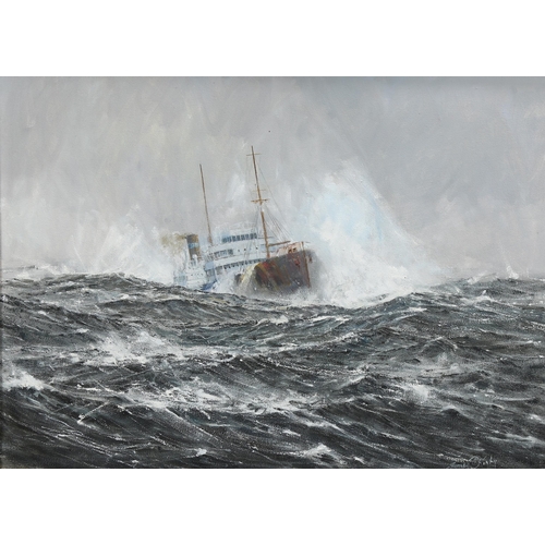 635 - James Kirby, cargo ship on rough seas, oil on canvas, signed, 45cm x 60cm, framed