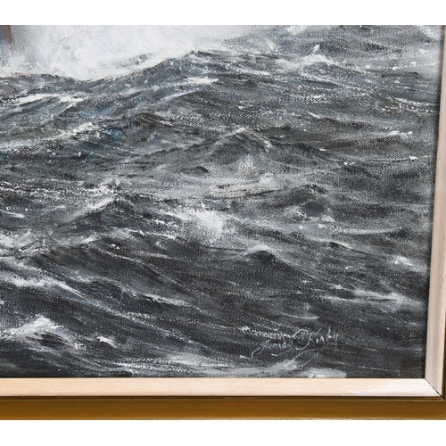 635 - James Kirby, cargo ship on rough seas, oil on canvas, signed, 45cm x 60cm, framed