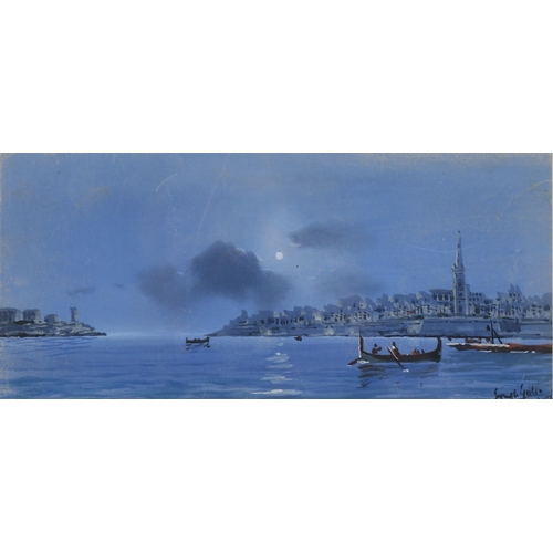 638 - Joseph Galea (Maltese, 1904 - 1985), harbour by moonlight, watercolour, signed, 11cm x 24cm, framed