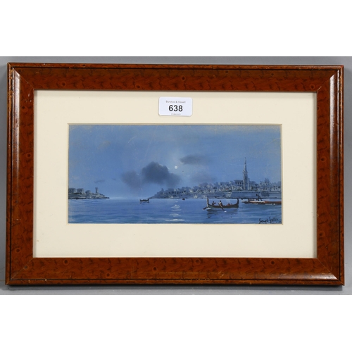 638 - Joseph Galea (Maltese, 1904 - 1985), harbour by moonlight, watercolour, signed, 11cm x 24cm, framed