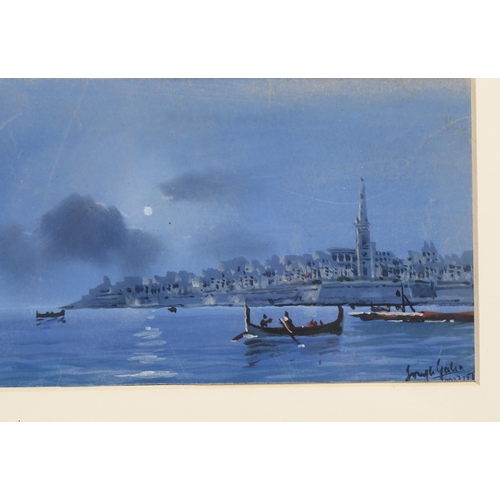 638 - Joseph Galea (Maltese, 1904 - 1985), harbour by moonlight, watercolour, signed, 11cm x 24cm, framed