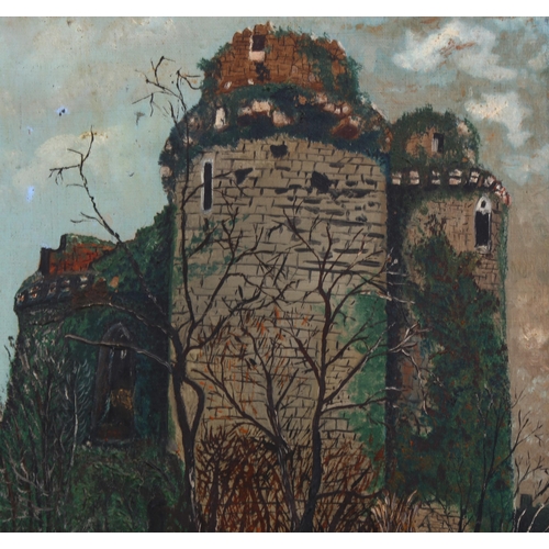 641 - J Harris, Nunney Castle Frome, oil on board, dated 1910, 38cm x 30cm, unframed