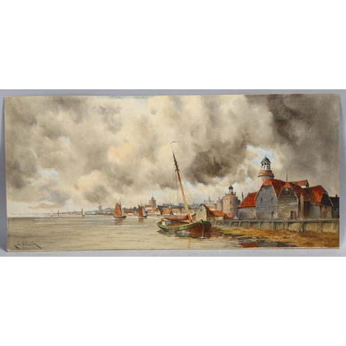 644 - L Van Staaten (1859 - 1924), Dutch harbour scene, watercolour, signed, 30cm x 65cm, mounted