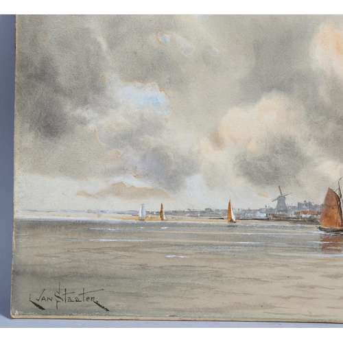 644 - L Van Staaten (1859 - 1924), Dutch harbour scene, watercolour, signed, 30cm x 65cm, mounted