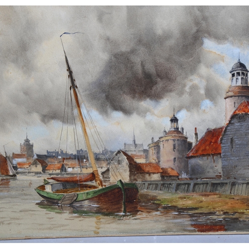 644 - L Van Staaten (1859 - 1924), Dutch harbour scene, watercolour, signed, 30cm x 65cm, mounted