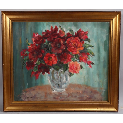 646 - Rosalind Kent, red bouquet, oil on canvas, signed, 50cm x 60cm, framed