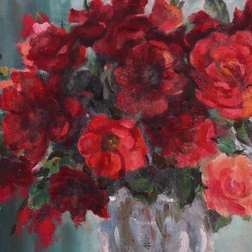 646 - Rosalind Kent, red bouquet, oil on canvas, signed, 50cm x 60cm, framed