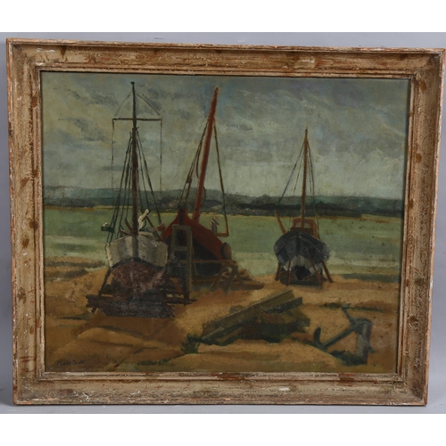 647 - Mid-20th century boatyard scene, oil on canvas, indistinctly inscribed Plaistowe?, 50cm x 60cm, fram... 