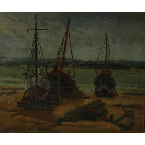 647 - Mid-20th century boatyard scene, oil on canvas, indistinctly inscribed Plaistowe?, 50cm x 60cm, fram... 